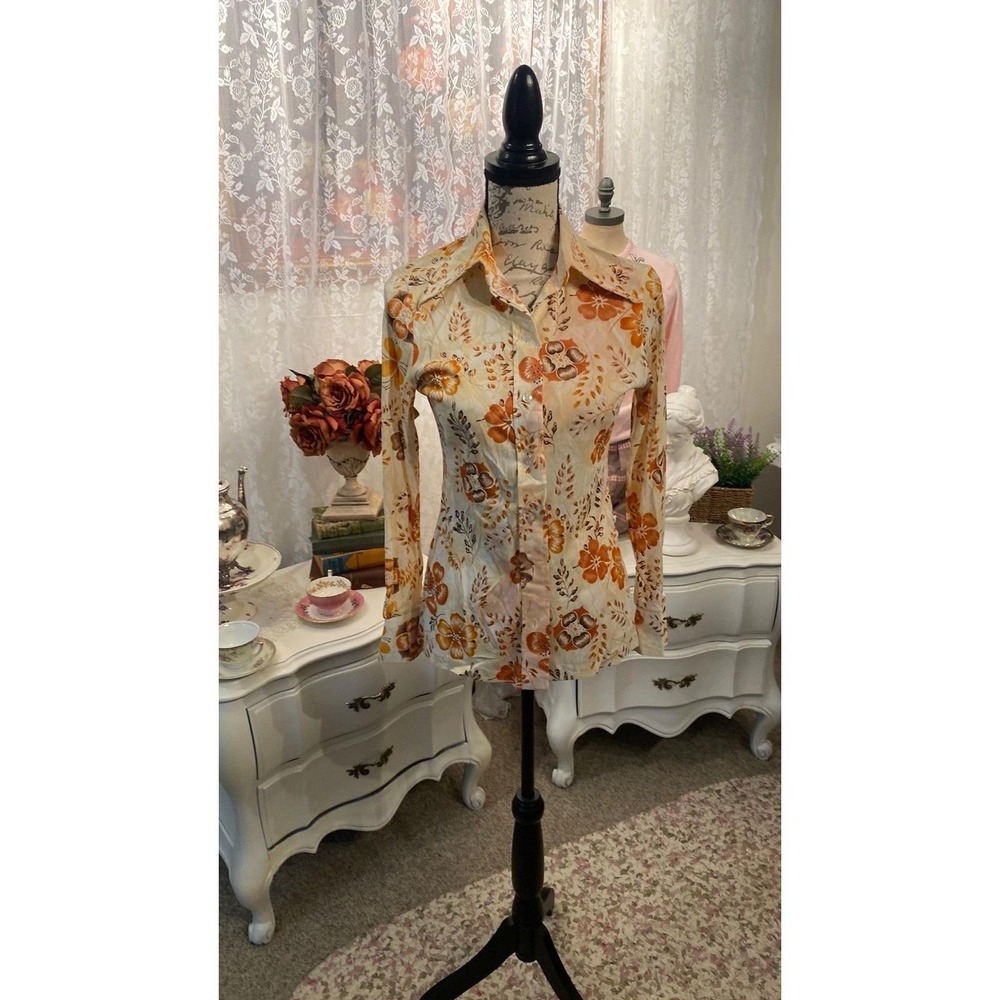 Vintage Division II Kadet-Kruger 70s Floral Button Down Shirt Orange Brown Sz 10